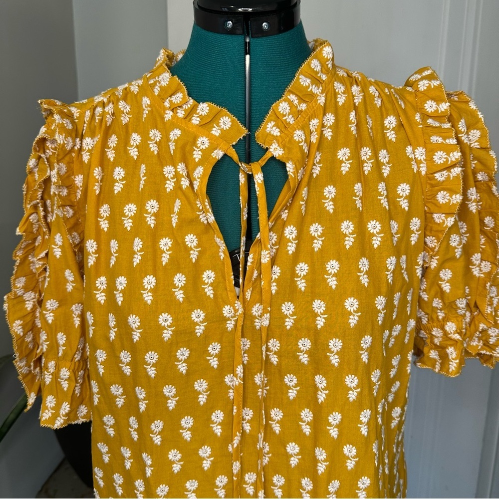 J. Crew Mustard Yellow Floral Tie-Neck Ruffle Sleeve Blouse - Picture 4 of 9